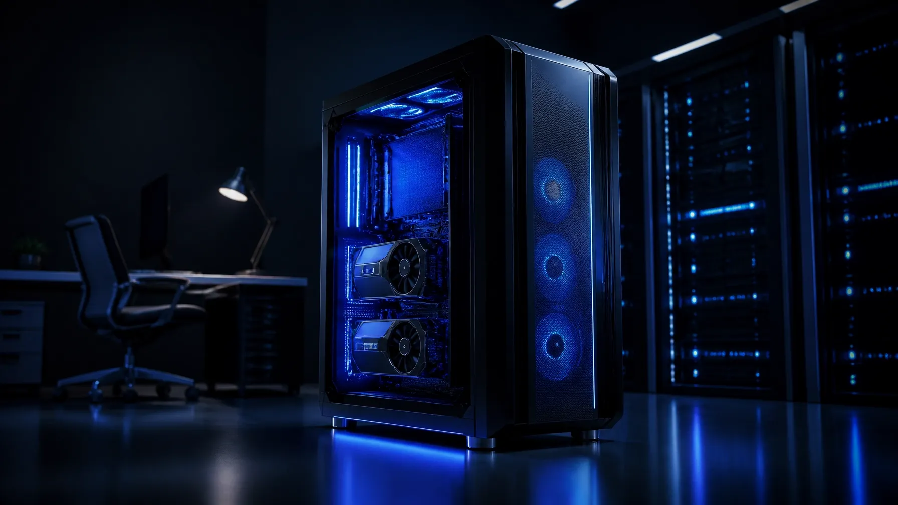 On-premise AI server with dual GPUs glowing electric blue